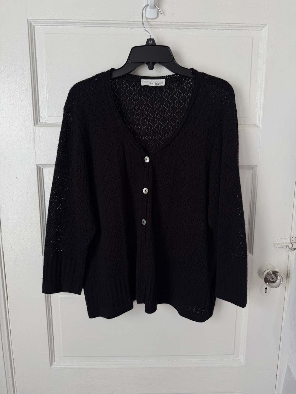 Lucy & Laurel Black Open-Knit V-Neck Cardigan Sweater Lightweight Lagenlook